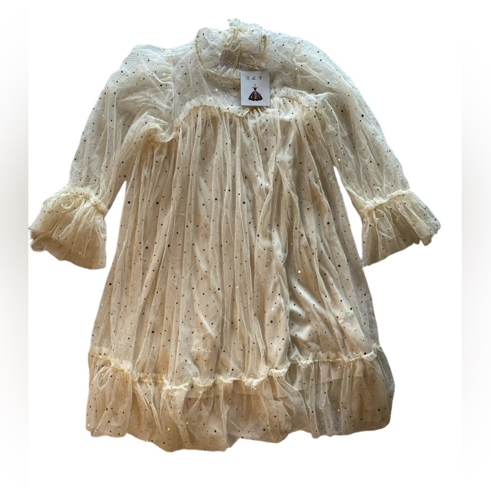 Stunning Whimsical Cream Gold Star Sheer Lined Long Sleeves Dress New Condition! - Picture 14 of 14